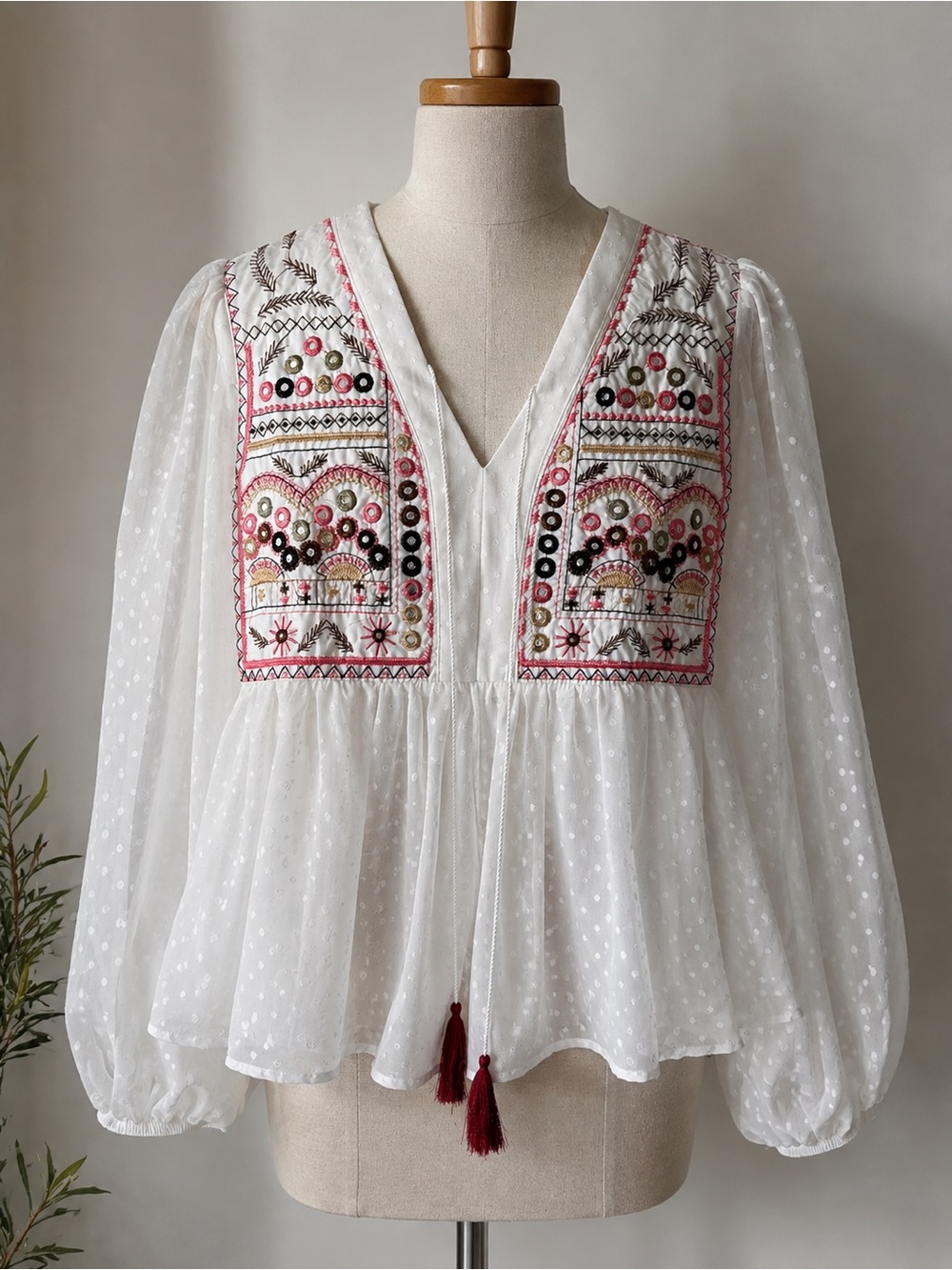 Stunning Boho White Embroidered Blouse- Size XL